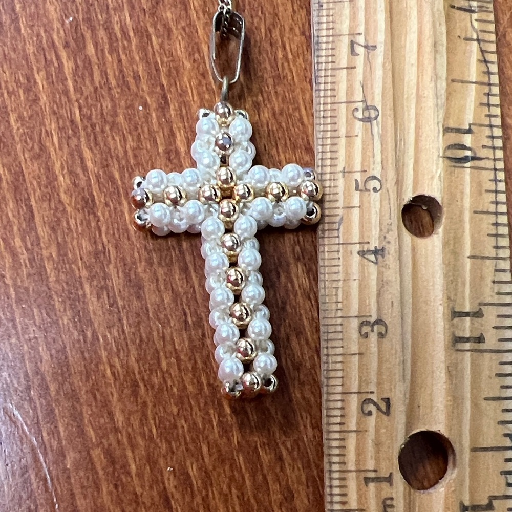 Pearl and Gold Beaded Cross Pendant